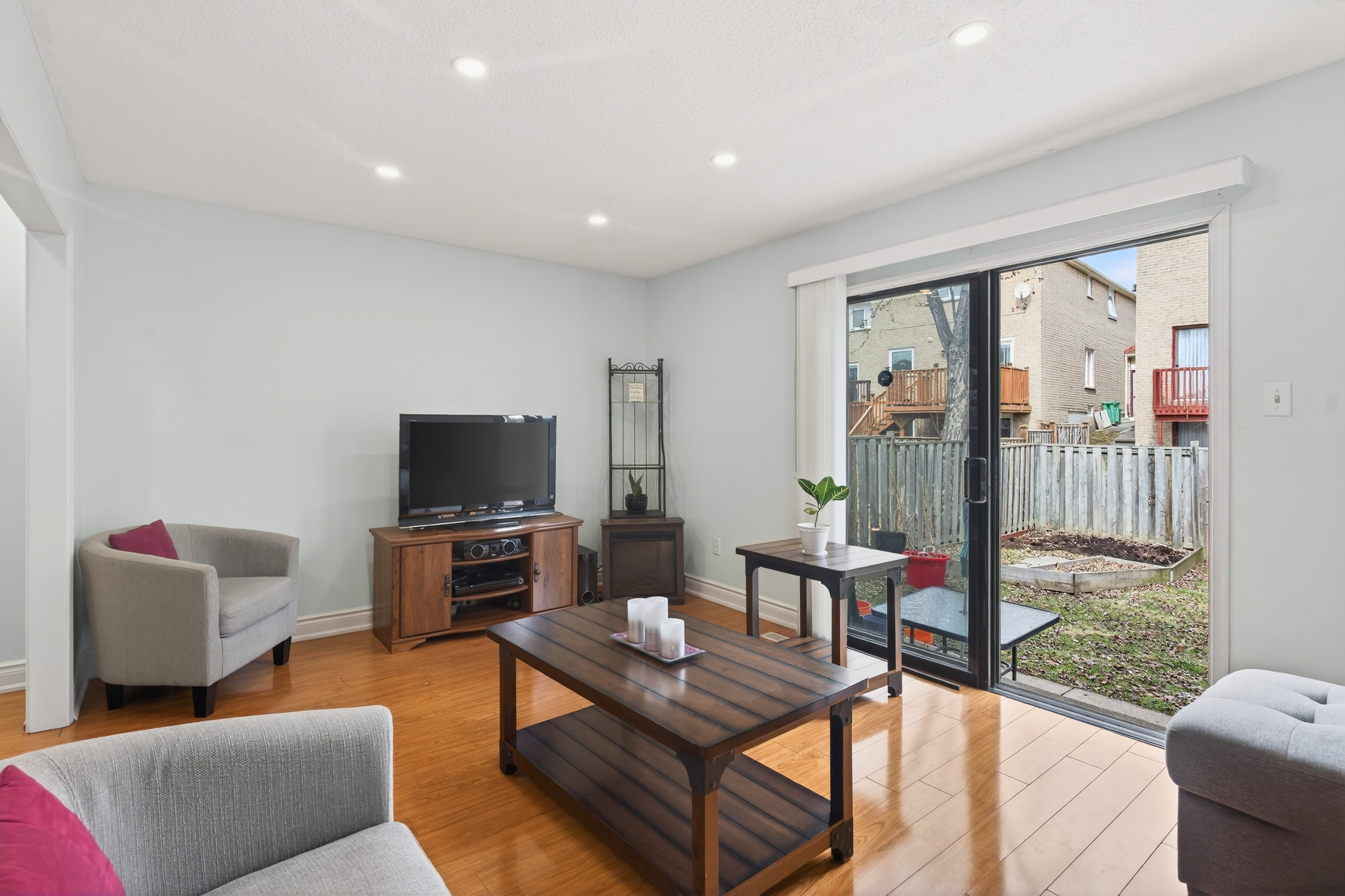 Living room with backyard view
