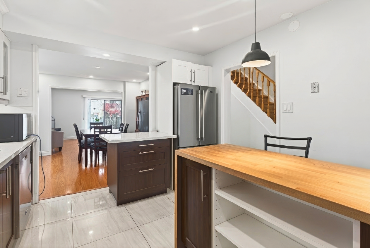 Kitchen wide with staircase